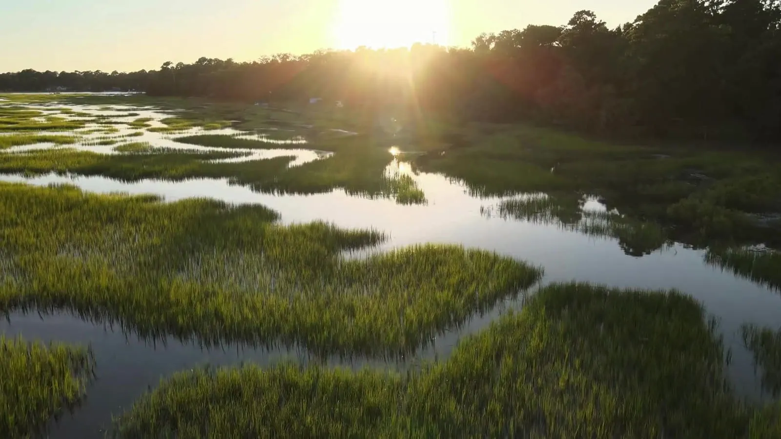 A tidal creek winding through Georgia marsh grass at sunset.